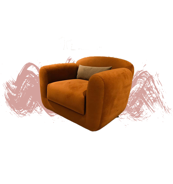 Minosse Mobilya’nın Alki Salon Takımı içinde yer alan turuncu berjer, modern salon dekorasyonuna sıcak bir dokunuş katıyor.